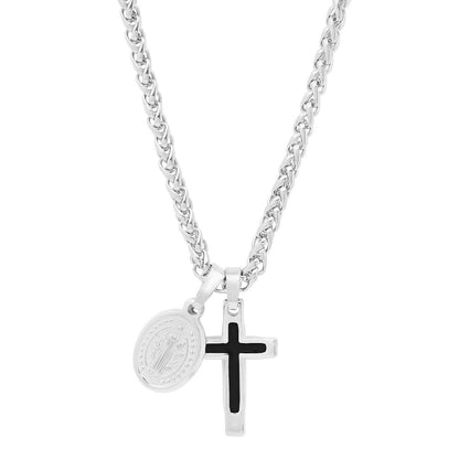 Men Stainless Steel Necklace with Cross and St. Benedict Pendants DailySale