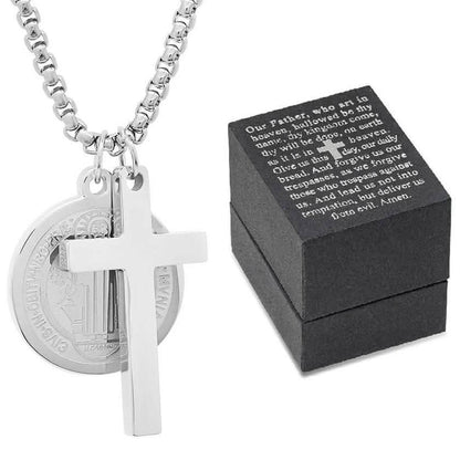 Men Stainless Steel Saint Benedict and Cross Charm with Prayer Gift Box DailySale