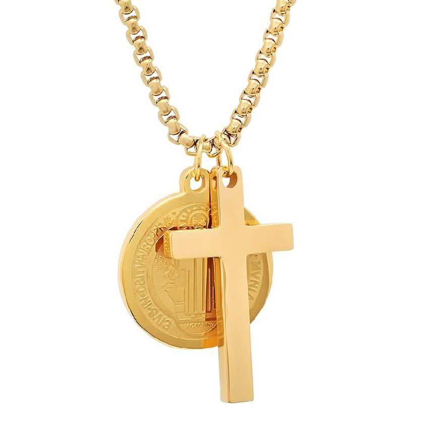 Men Stainless Steel Saint Benedict and Cross Charm with Prayer Gift Box DailySale
