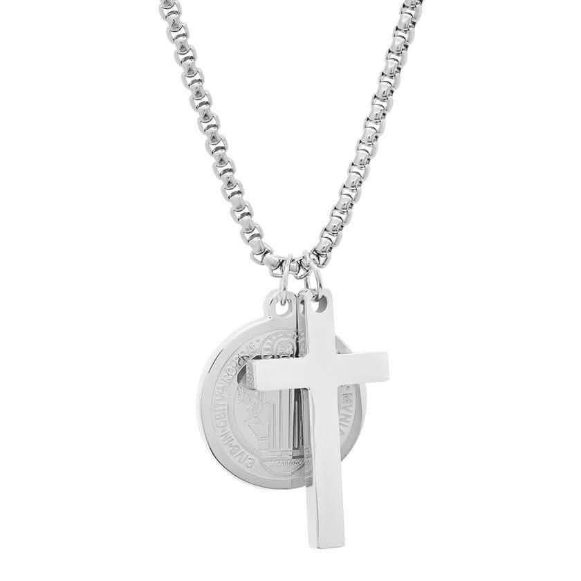 Men Stainless Steel Saint Benedict and Cross Charm with Prayer Gift Box DailySale