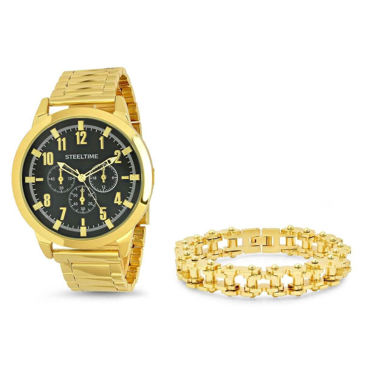 Men's 18K Gold Plated Alloy Strap and Stainless Steel Watch and 18K Gold Plated Stainless Steel Bracelet DailySale