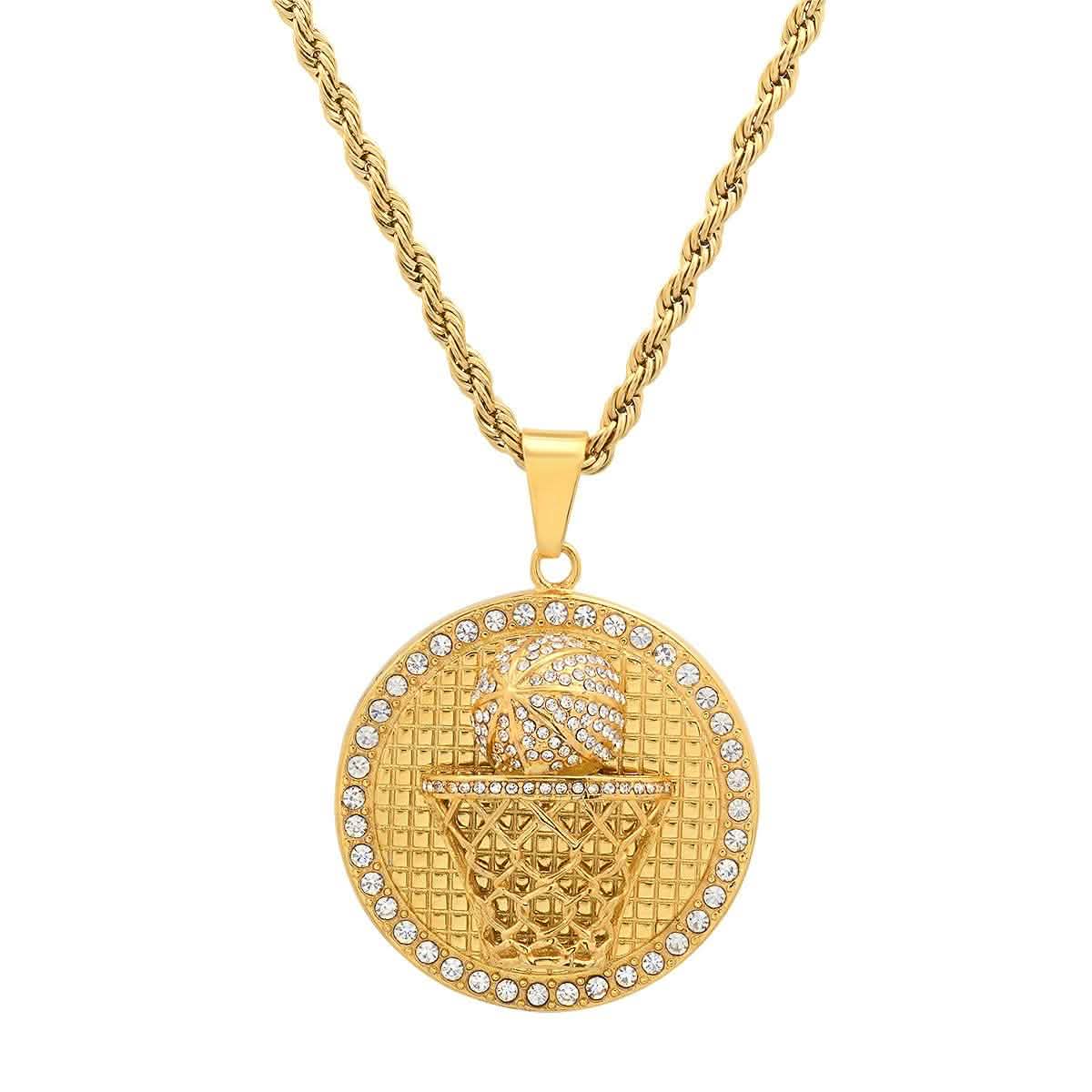 Men's 18k Gold Plated Stainless Steel and Simulated Diamonds Round Basketball Pendant DailySale