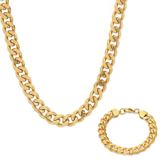 Men's 18k Gold Plated Stainless Steel Cuban Link Chain Bracelet/Necklace Set DailySale