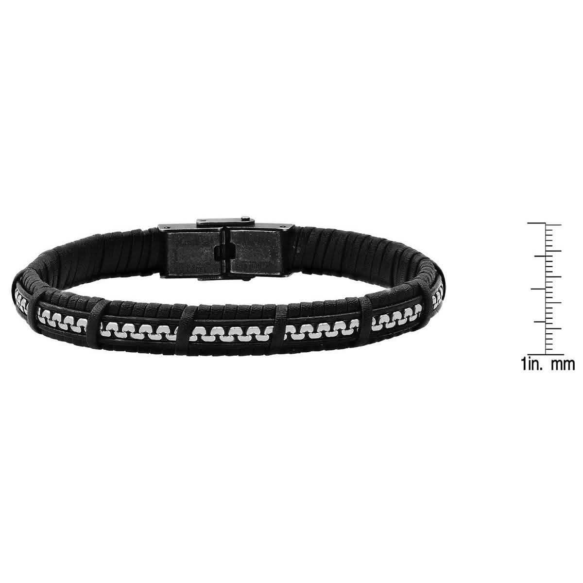 Men's Black Braided Leather and Inlay Stainless Steel Box Chain Bracelet DailySale
