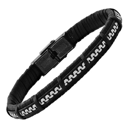 Men's Black Braided Leather and Inlay Stainless Steel Box Chain Bracelet DailySale