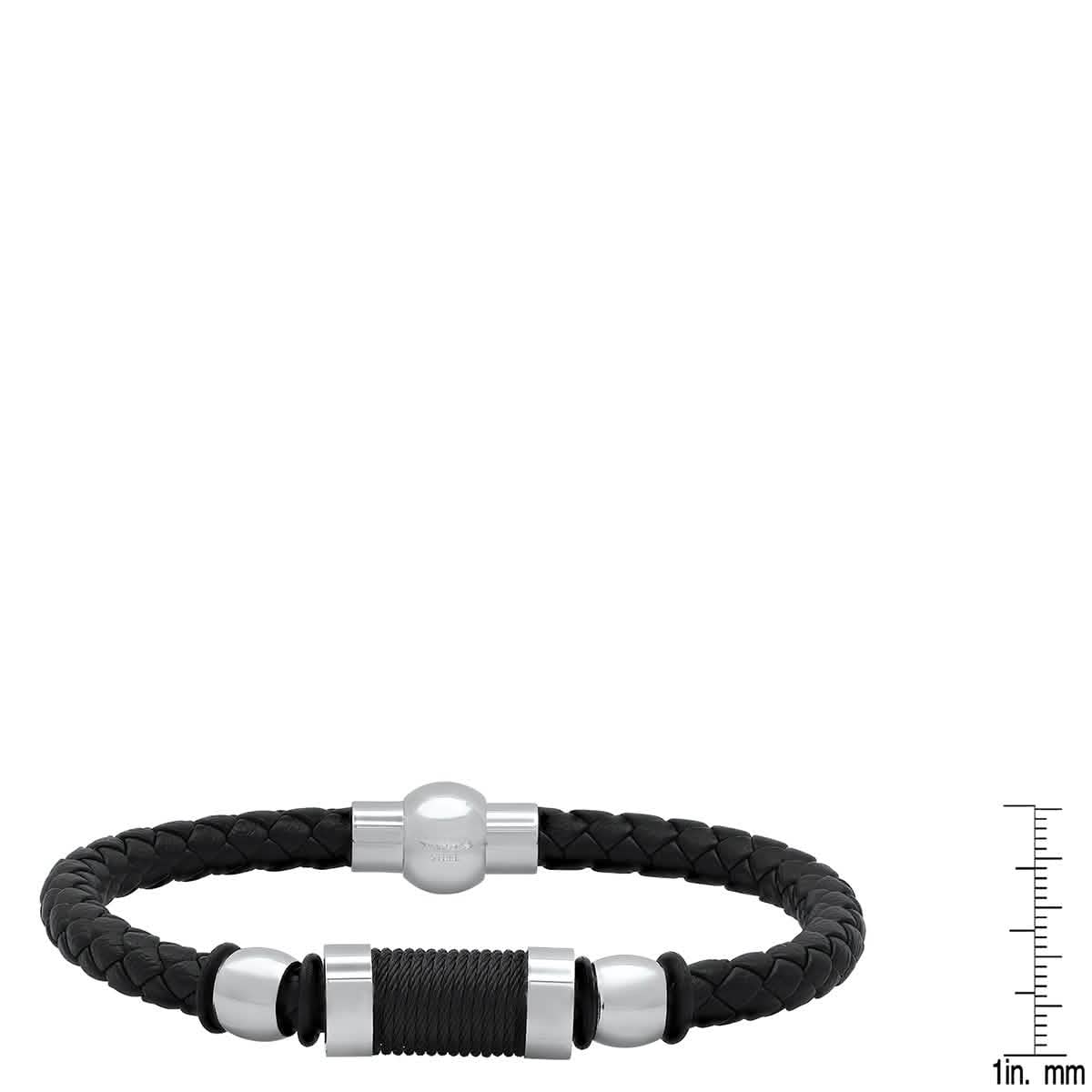 Men's Black Braided Leather, Black Threat and Stainless Steel Bracelet DailySale
