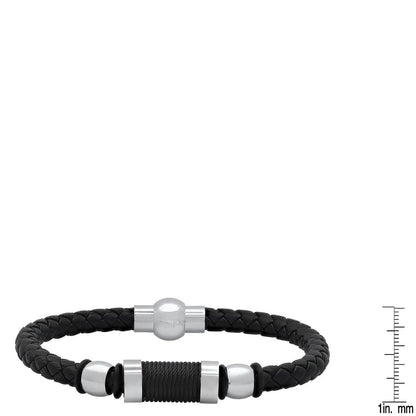 Men's Black Braided Leather, Black Threat and Stainless Steel Bracelet DailySale