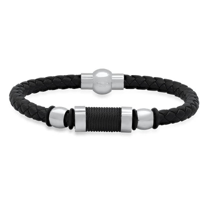 Men's Black Braided Leather, Black Threat and Stainless Steel Bracelet DailySale