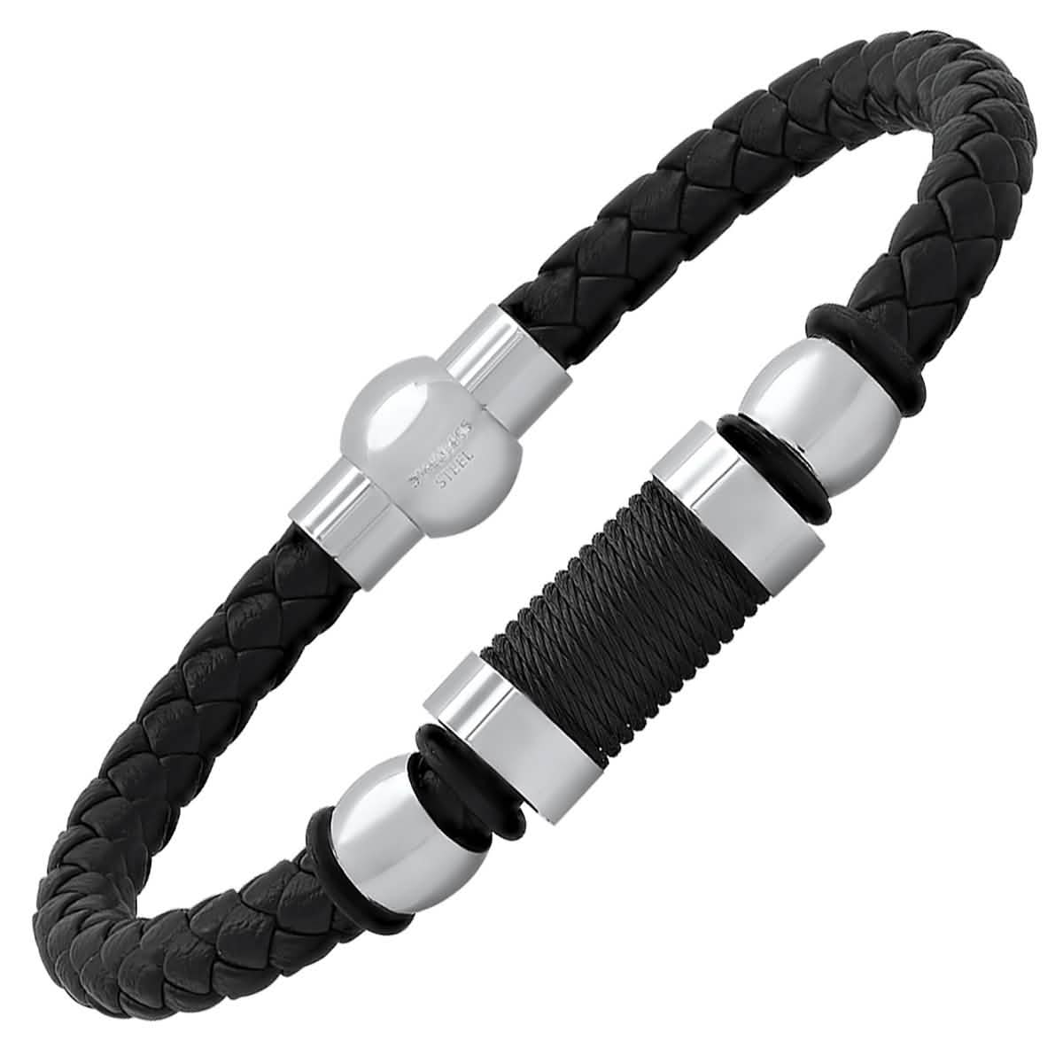 Men's Black Braided Leather, Black Threat and Stainless Steel Bracelet DailySale