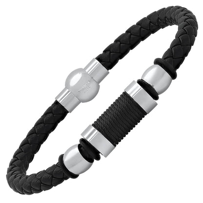 Men's Black Braided Leather, Black Threat and Stainless Steel Bracelet DailySale