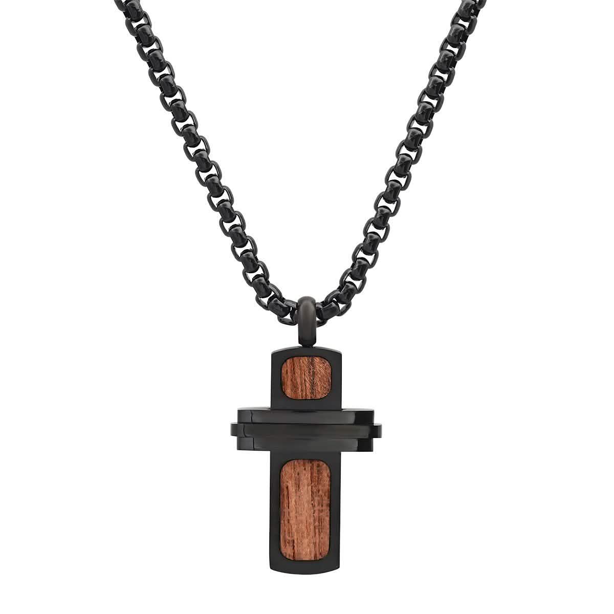 Men's Black IP Stainless Steel and Wood Small Cross Pendant DailySale