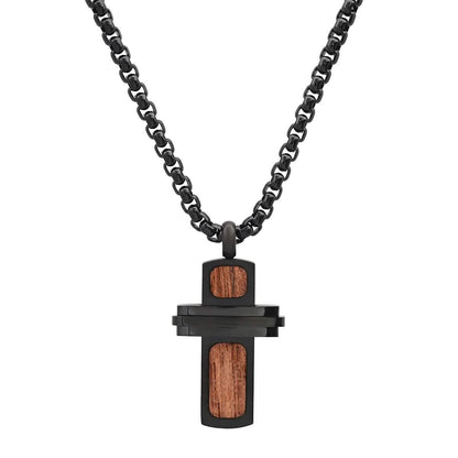 Men's Black IP Stainless Steel and Wood Small Cross Pendant DailySale