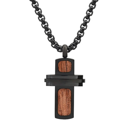 Men's Black IP Stainless Steel and Wood Small Cross Pendant DailySale