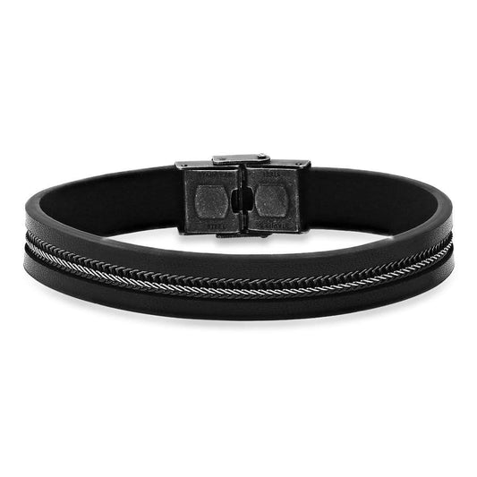 Men's Black Leather and Two Tone Black IP & Stainless Steel Inlay Wheat Chain Bracelet DailySale