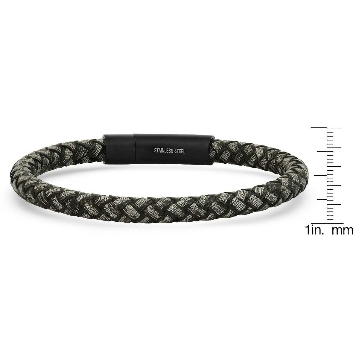 Men's Braided Black/Gray Leather and Black IP Stainless Steel Clasp Bracelet DailySale