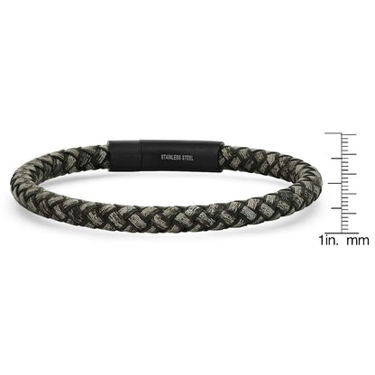 Men's Braided Black/Gray Leather and Black IP Stainless Steel Clasp Bracelet DailySale