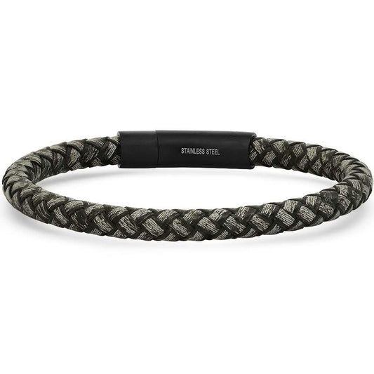 Men's Braided Black/Gray Leather and Black IP Stainless Steel Clasp Bracelet DailySale