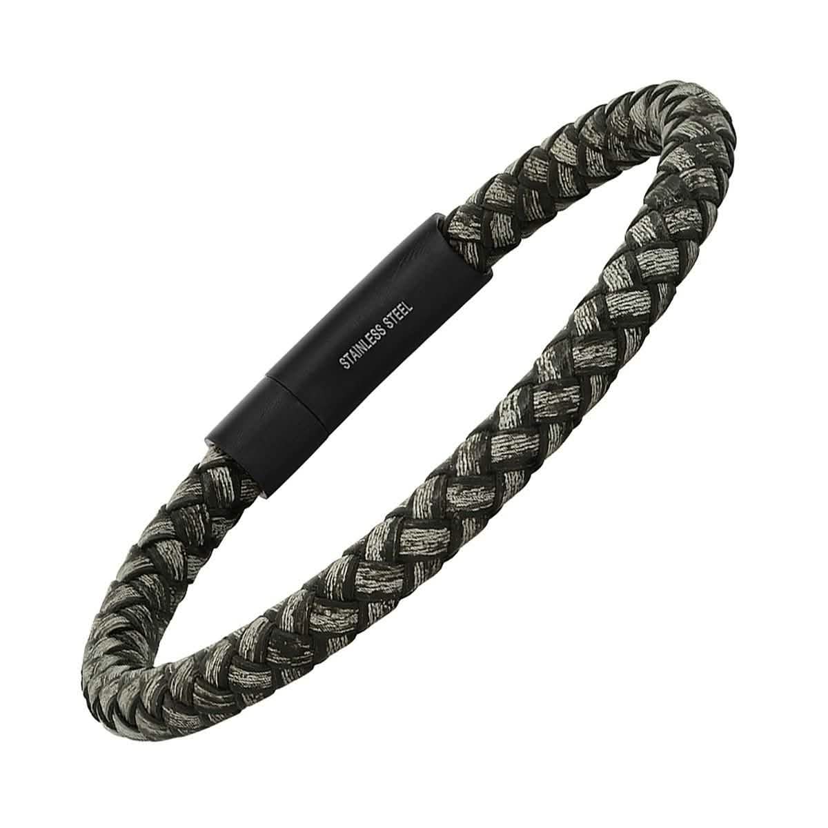 Men's Braided Black/Gray Leather and Black IP Stainless Steel Clasp Bracelet DailySale