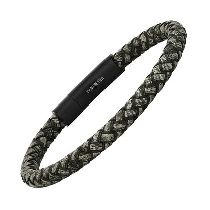 Men's Braided Black/Gray Leather and Black IP Stainless Steel Clasp Bracelet DailySale