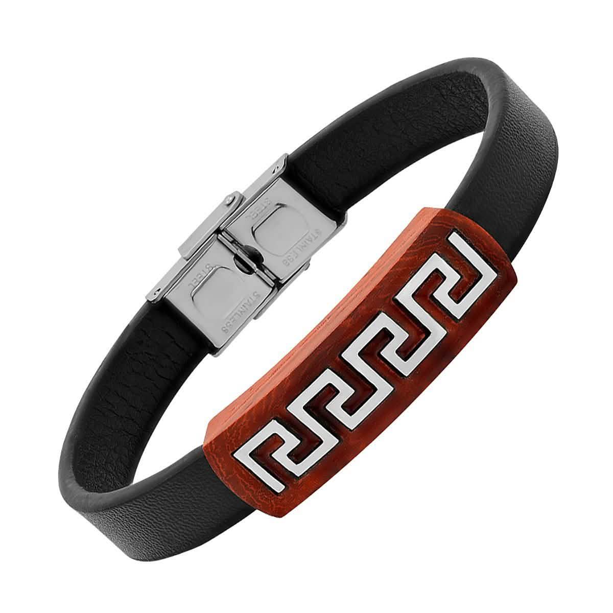 Men's Brown Leather Wood and Stainless Steel Greek Key Accents ID Bracelet DailySale