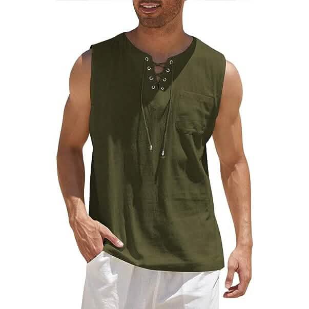 Men's Cotton Linen Tank Top Shirts Casual Sleeveless Lace Up Beach Hippie Tops Bohemian Renaissance Pirate Tunic DailySale