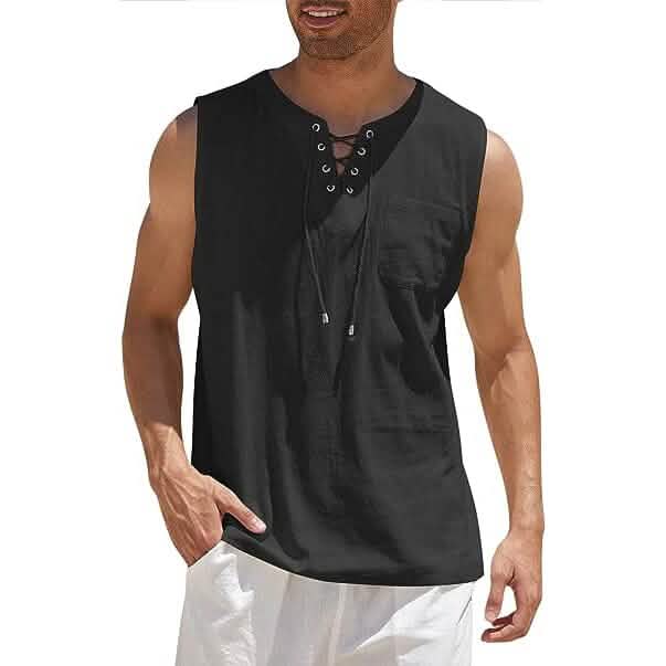 Men's Cotton Linen Tank Top Shirts Casual Sleeveless Lace Up Beach Hippie Tops Bohemian Renaissance Pirate Tunic DailySale