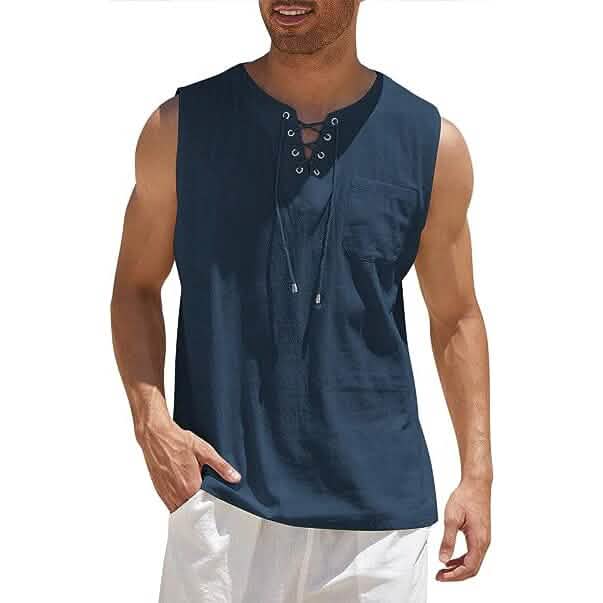 Men's Cotton Linen Tank Top Shirts Casual Sleeveless Lace Up Beach Hippie Tops Bohemian Renaissance Pirate Tunic DailySale