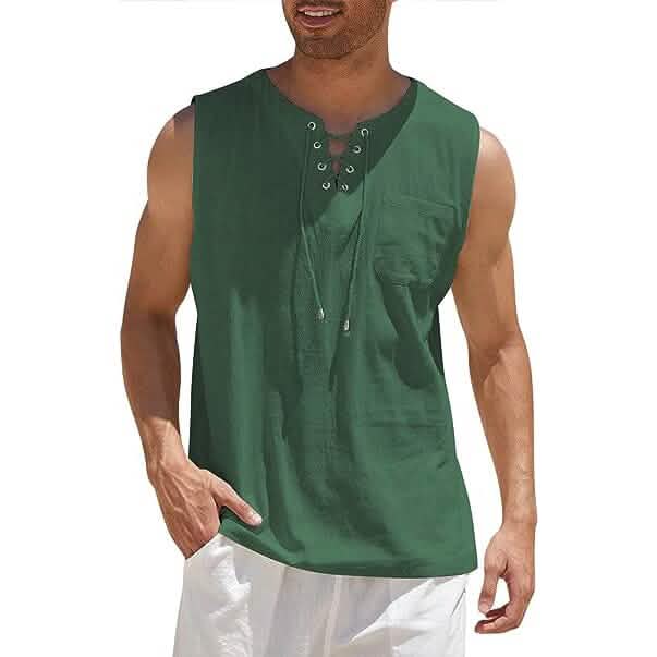 Men's Cotton Linen Tank Top Shirts Casual Sleeveless Lace Up Beach Hippie Tops Bohemian Renaissance Pirate Tunic DailySale