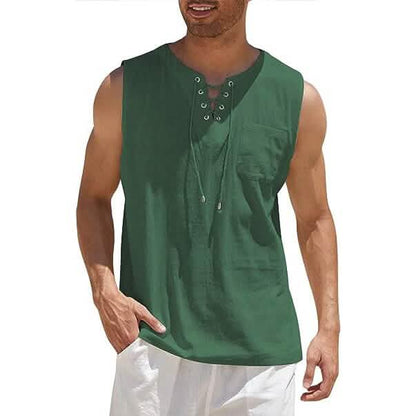 Men's Cotton Linen Tank Top Shirts Casual Sleeveless Lace Up Beach Hippie Tops Bohemian Renaissance Pirate Tunic DailySale