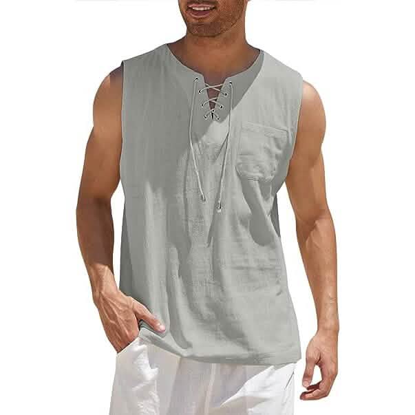 Men's Cotton Linen Tank Top Shirts Casual Sleeveless Lace Up Beach Hippie Tops Bohemian Renaissance Pirate Tunic DailySale