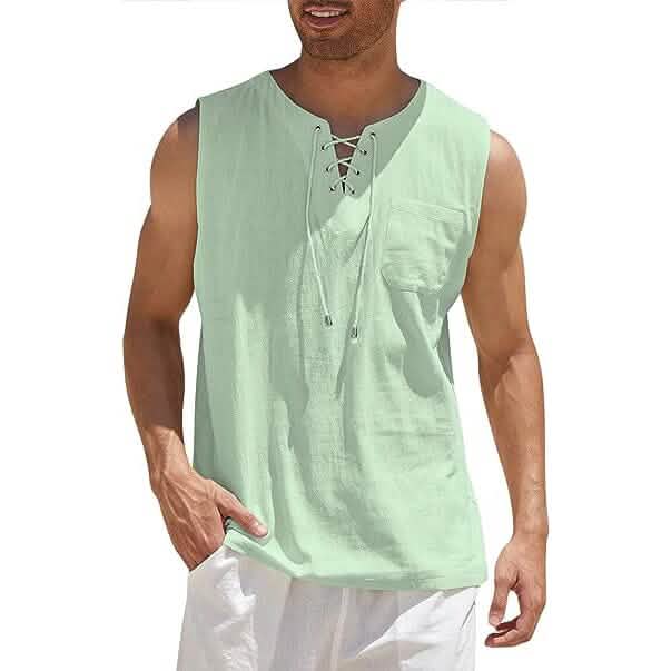 Men's Cotton Linen Tank Top Shirts Casual Sleeveless Lace Up Beach Hippie Tops Bohemian Renaissance Pirate Tunic DailySale