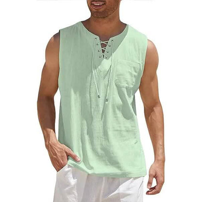 Men's Cotton Linen Tank Top Shirts Casual Sleeveless Lace Up Beach Hippie Tops Bohemian Renaissance Pirate Tunic DailySale