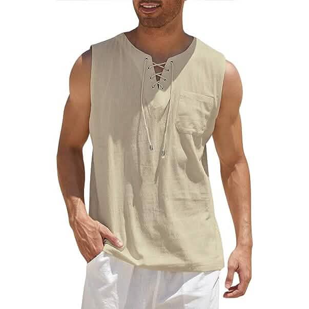 Men's Cotton Linen Tank Top Shirts Casual Sleeveless Lace Up Beach Hippie Tops Bohemian Renaissance Pirate Tunic DailySale