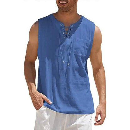 Men's Cotton Linen Tank Top Shirts Casual Sleeveless Lace Up Beach Hippie Tops Bohemian Renaissance Pirate Tunic DailySale
