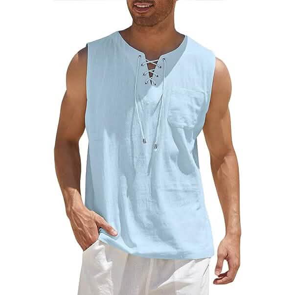 Men's Cotton Linen Tank Top Shirts Casual Sleeveless Lace Up Beach Hippie Tops Bohemian Renaissance Pirate Tunic DailySale