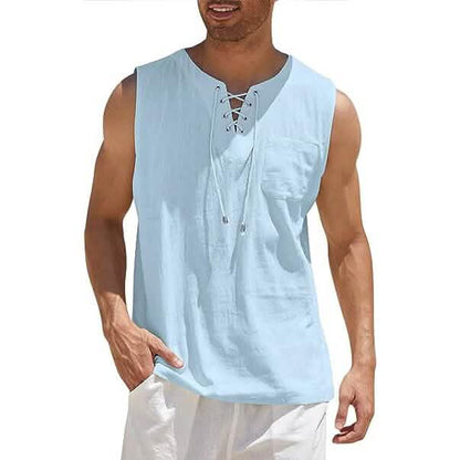 Men's Cotton Linen Tank Top Shirts Casual Sleeveless Lace Up Beach Hippie Tops Bohemian Renaissance Pirate Tunic DailySale