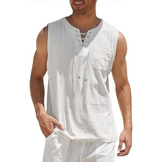 Men's Cotton Linen Tank Top Shirts Casual Sleeveless Lace Up Beach Hippie Tops Bohemian Renaissance Pirate Tunic DailySale