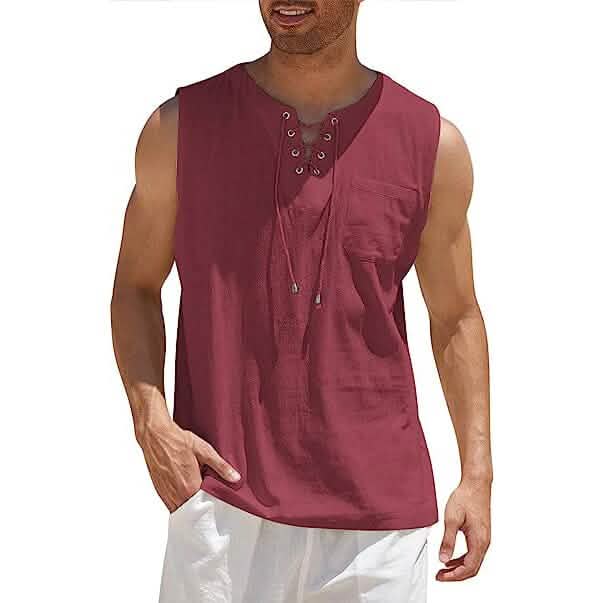Men's Cotton Linen Tank Top Shirts Casual Sleeveless Lace Up Beach Hippie Tops Bohemian Renaissance Pirate Tunic DailySale