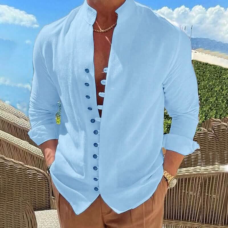 Men's Linen Button Up Shirt Long Sleeve Plain Band Collar DailySale