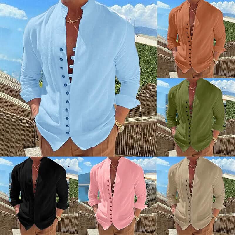 Men's Linen Button Up Shirt Long Sleeve Plain Band Collar DailySale
