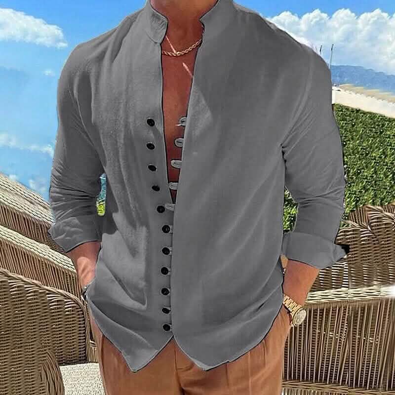 Men's Linen Button Up Shirt Long Sleeve Plain Band Collar DailySale