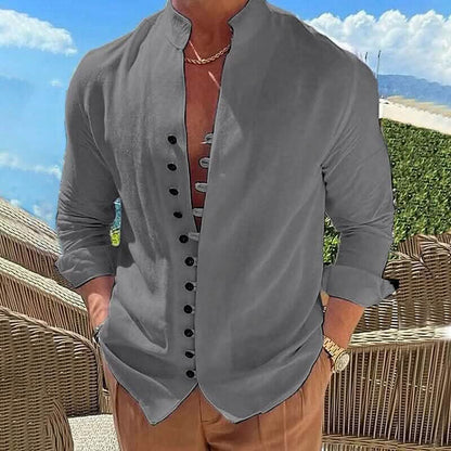 Men's Linen Button Up Shirt Long Sleeve Plain Band Collar DailySale