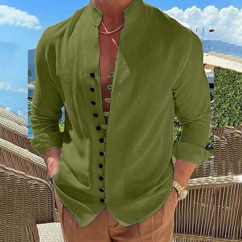 Men's Linen Button Up Shirt Long Sleeve Plain Band Collar DailySale