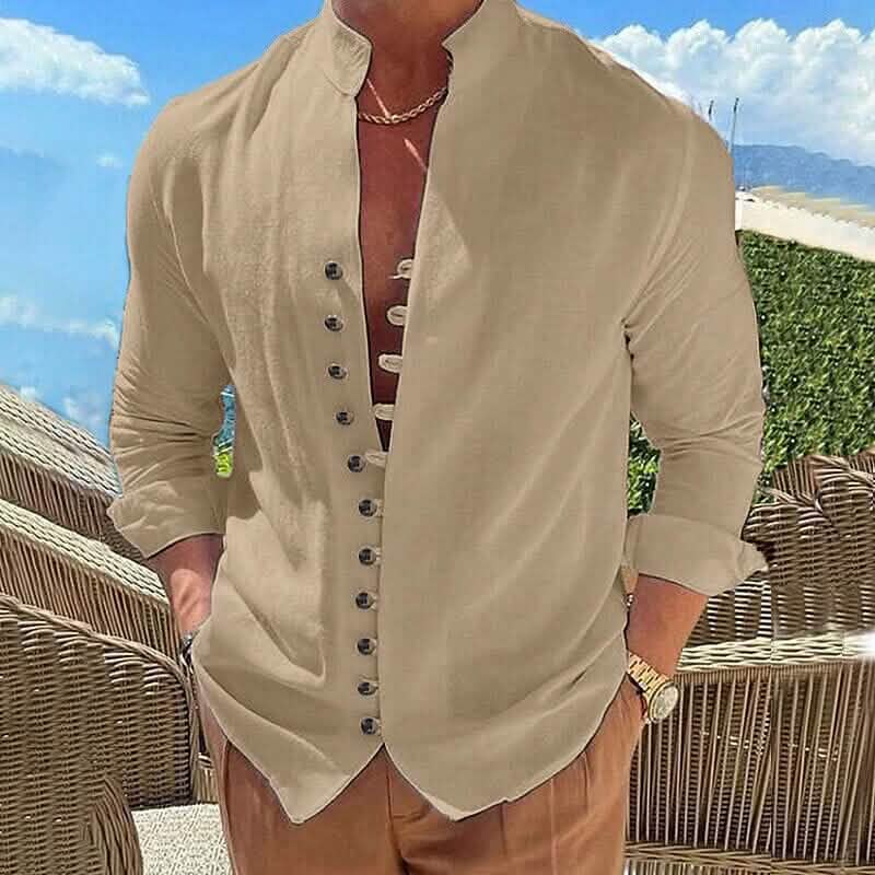 Men's Linen Button Up Shirt Long Sleeve Plain Band Collar DailySale