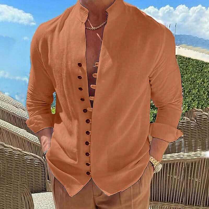Men's Linen Button Up Shirt Long Sleeve Plain Band Collar DailySale