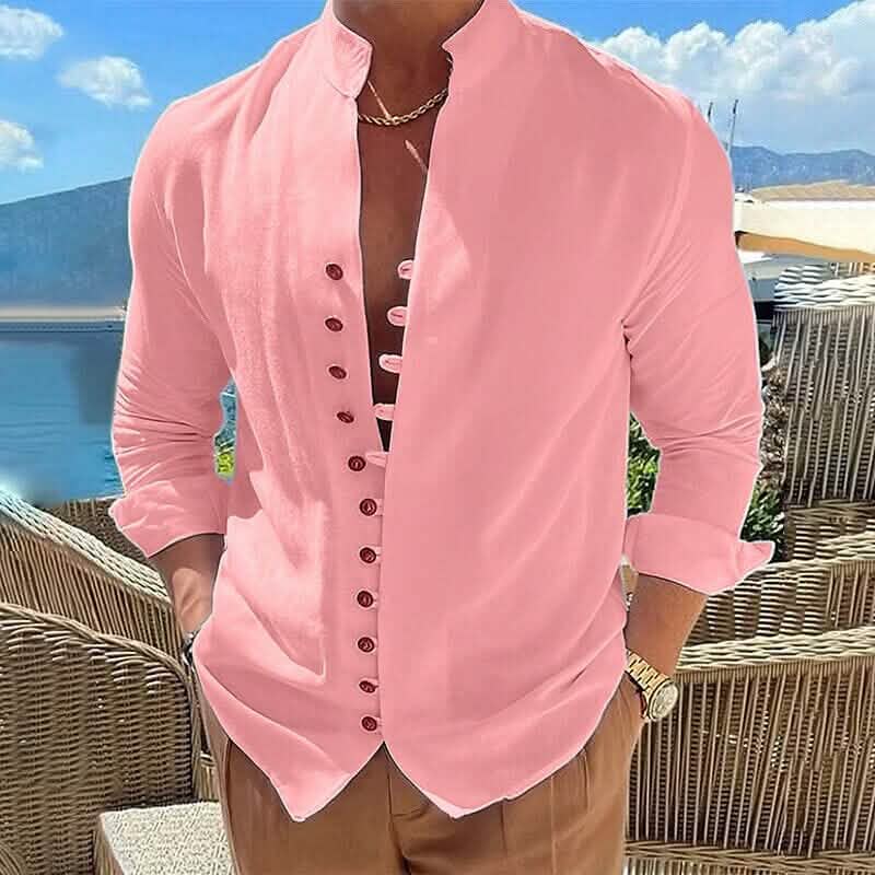 Men's Linen Button Up Shirt Long Sleeve Plain Band Collar DailySale