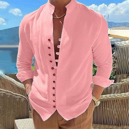 Men's Linen Button Up Shirt Long Sleeve Plain Band Collar DailySale