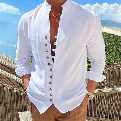 Men's Linen Button Up Shirt Long Sleeve Plain Band Collar DailySale
