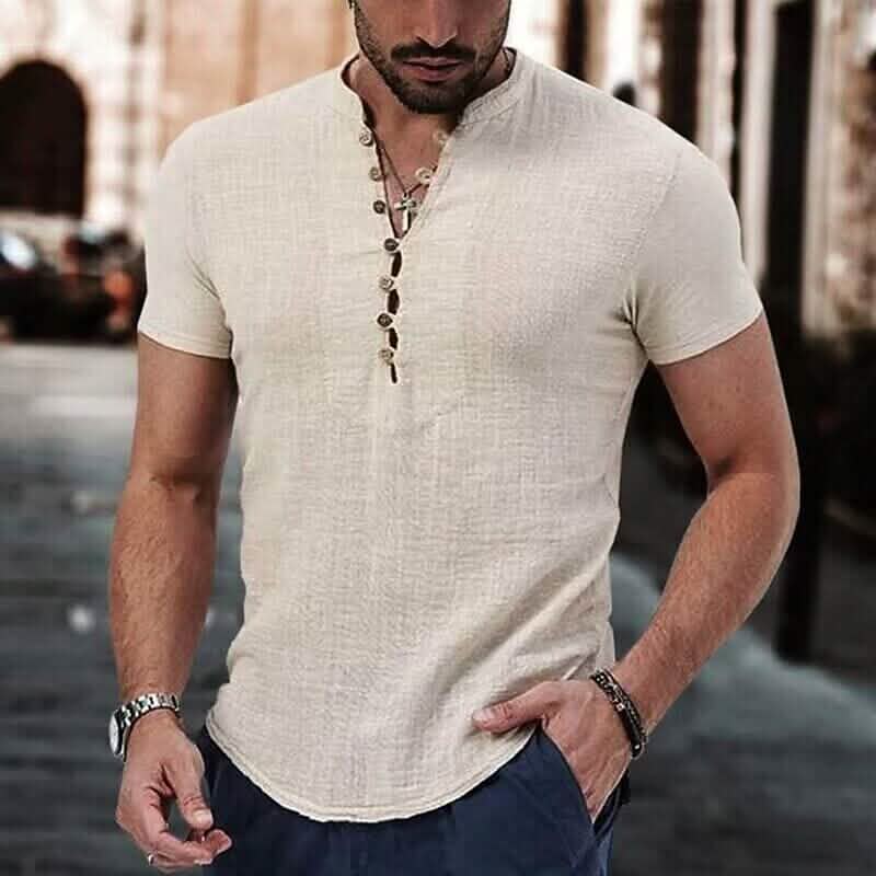 Men's Popover Shirt Short Sleeve Plain V Neck DailySale