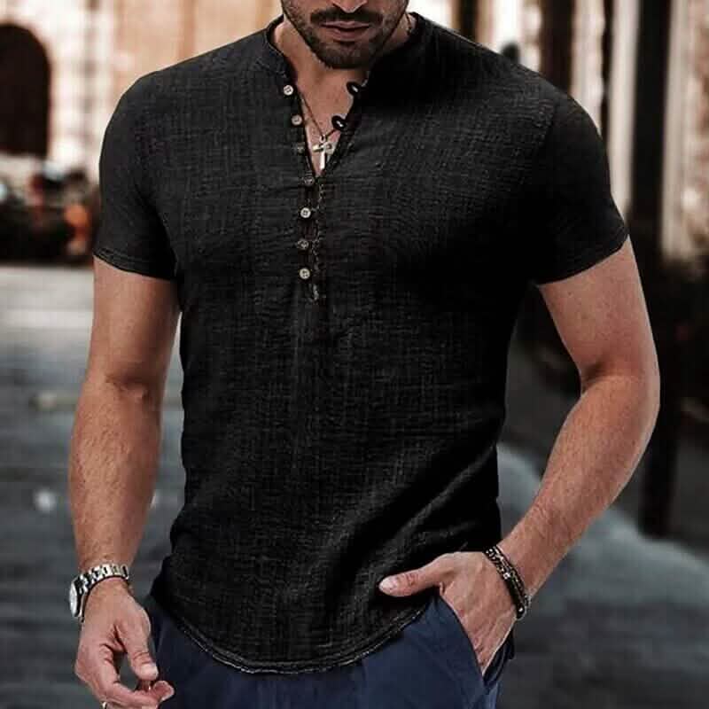 Men's Popover Shirt Short Sleeve Plain V Neck DailySale
